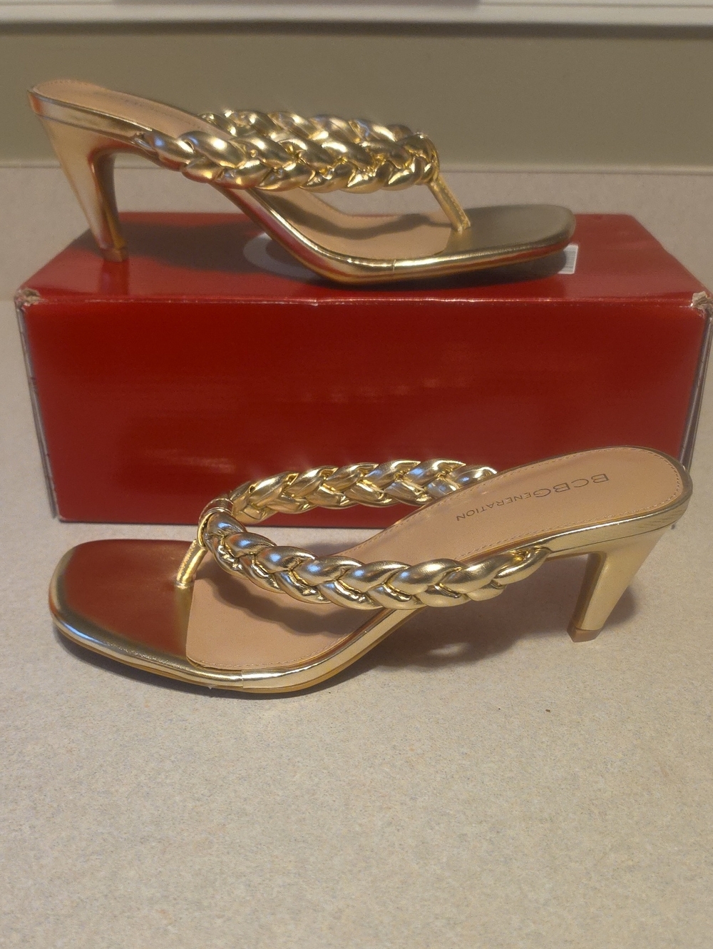 BCBGeneration Tulani Gold Braided Thong Heeled Sandals